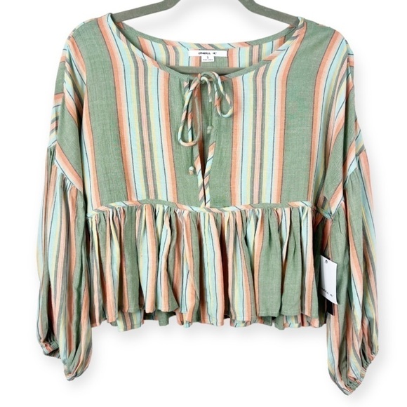 O’NEILL Rosie Stripe Top Bohemian Tie Closure Small Green Blue - Picture 2 of 12
